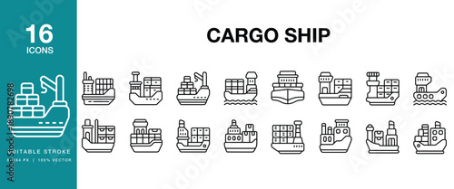 Cargo Ship icon set. Includes cargo, ship, vessel, shipping, freight, container and More. Editable Stroke Icon Collection.