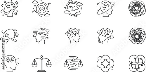 Mental health and psychology line icon set with mind balance stress thoughts emotions and cognitive process symbols
