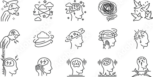 Mental health psychology line icon set showing stress anxiety confusion depression and emotional state concepts
