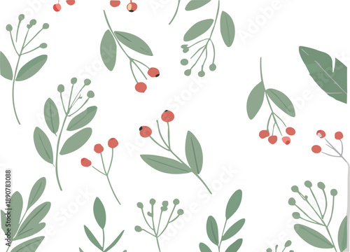 Minimal botanical pattern with hand drawn leaves branches and berries in soft pastel colors for backgrounds