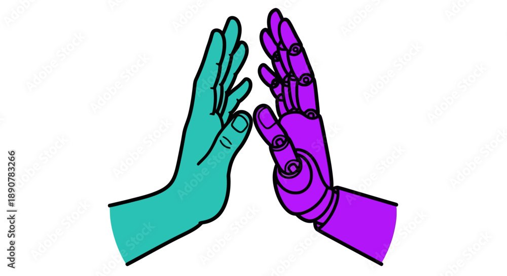 Obraz premium Stylized Teal Human Hand High-Five With Purple Robotic Hand Illustration on White Background