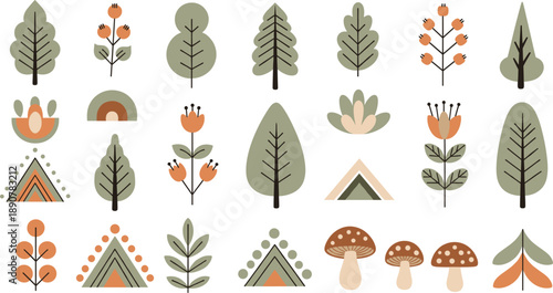 Minimal folk art woodland elements set with trees flowers mushrooms and abstract shapes in soft earthy colors