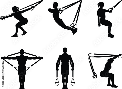 Collection of Male and Female Fitness Silhouettes Performing Suspension Trainer Exercises for Total Body Strength Training and Functional Workout Routine Concepts