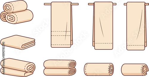 Minimal towel outline icon set showing folded and hanging bathroom towels in clean linear vector style