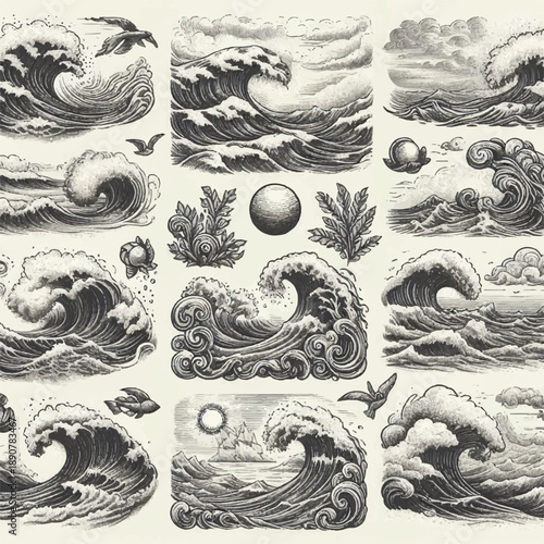 Sea waves sketch. Storm wave, vintage tide and ocean beach storms hand drawn vector illustration set.