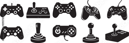Diverse collection of black silhouette video game controllers and classic joysticks Vector