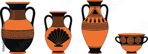 Ancient Greek pottery vase illustration set featuring amphora and ceramic vessels with traditional patterns, classical art style icons for history, archaeology, museum, education and cultural design