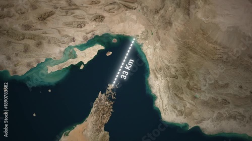 Geopolitical Map Animation of Hormuz Strait showing the Narrowest Point between Iran and Oman
