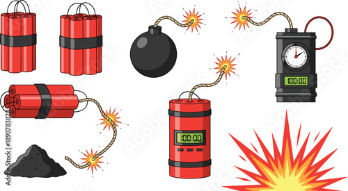 Cartoon explosive bomb and dynamite illustration set with timers, fuses and explosion effects, dangerous warning symbols collection for action, hazard, game, security and emergency concept