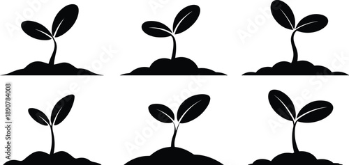 Set of Minimalist black young plant sprout growing from ground silhouette vector icon