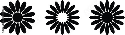 Set of Minimalist black blooming daisy flower silhouette vector icon