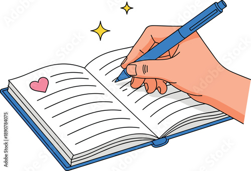 Hand writing in open notebook illustration with pen, creative journaling concept, personal diary note taking, education and self expression idea isolated on white background