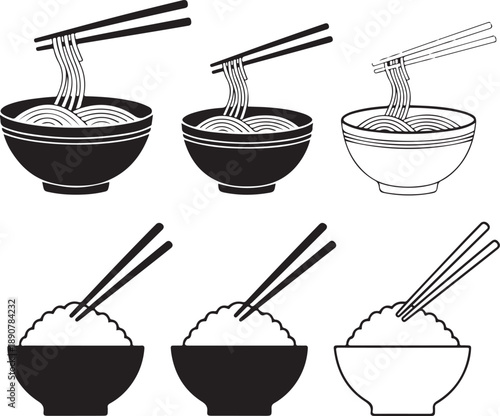 asian food icons with chopsticks and bowls of noodles and rice