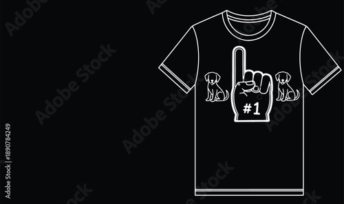 Number One Fan Dog T-Shirt Design with Foam Finger and Cute Puppies Line Art Vector