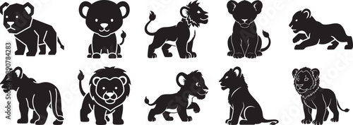 Collection of cute and playful lion cub and young lion silhouettes in various poses Vector