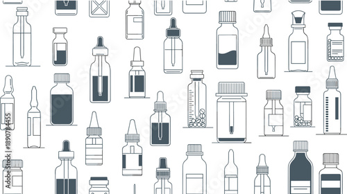 Minimal line icon set of medical bottles and dropper containers, pharmaceutical packaging illustration, modern outline style healthcare vial collection isolated on white background