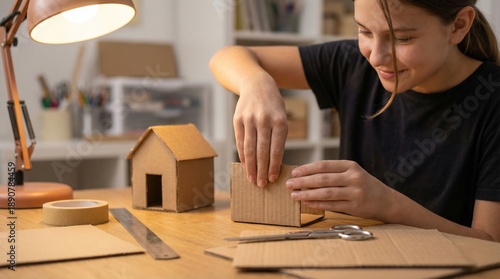 Girl Building Cardboard House Photo Of Girl Building Cardboard House Craft