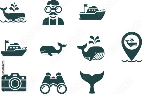 Minimal marine and travel icon set featuring whale, ship, camera, binoculars and explorer symbols, flat monochrome pictograms for ocean adventure, navigation, tourism and wildlife design isolated
