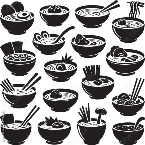 black and white bowl of noodles with chopsticks and various food items  Asian cuisine bowl