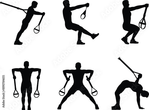 Set of Suspension Trainer Exercise Silhouettes Featuring Men Performing Full Body Strength Training Workouts for Fitness Health and Athletic Performance Promotion