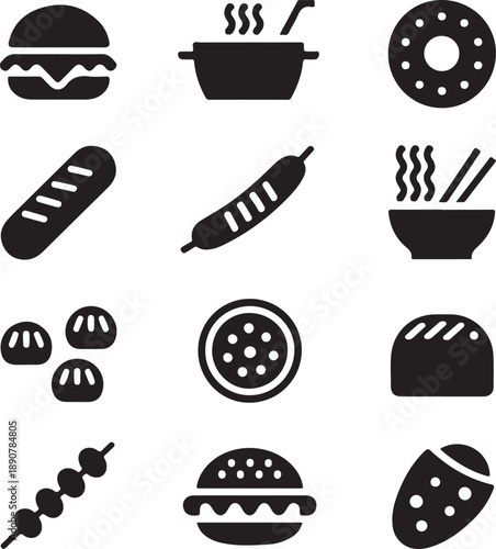 black and white food icons on white background
