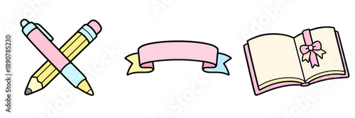 Pastel pen pastel pencil ribbon banner open book cute vector kawaii stationery pink yellow soft color flat design cartoon style happy