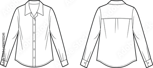 Women's Long Sleeve Button Down Shirt Mockup, Front and Back View Casual Blouse, Apparel Technical Vector Illustration Flat Sketch Template