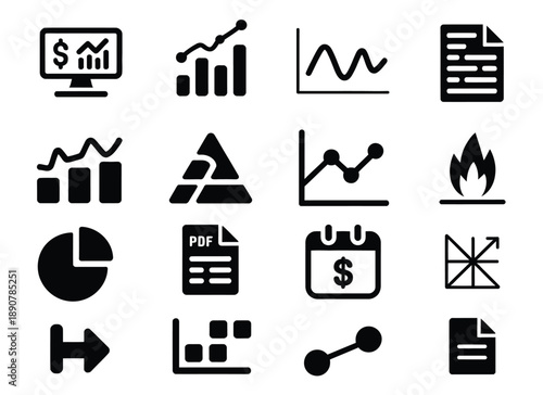 Business analytics solid icons for finance data analysis marketing performance reporting and strategic decision making visuals