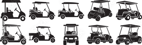 A diverse collection of golf cart silhouettes in various models and perspectives Vector