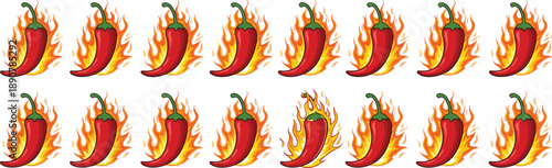 Spicy chili pepper set with flaming hot fire elements isolated on white background cartoon illustration