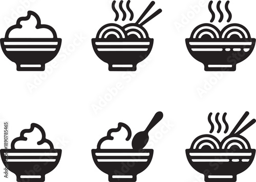 Black and white icons of various bowls of noodles and soup