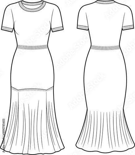 Women's Short Sleeve Knitted Midi Dress Mockup, Front and Back View Casual Gown, Apparel Technical Vector Illustration Flat Sketch Template