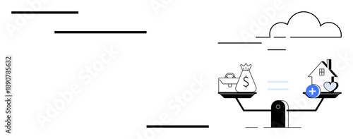 Financial balance concept. Scale with money bag and health icons financial priorities. Financial balance between wealth and well-being. For personal finance, budgeting, healthcare costs, lifestyle
