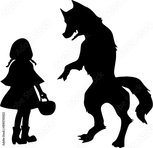 Little Red Riding Hood and Big Bad Wolf Silhouette, Fairy Tale Character Illustration