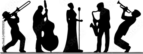 Jazz Band Silhouette with Singer, Saxophone, Trumpet, Double Bass, and Trombone Players