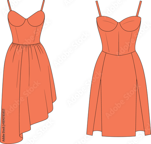 Women's Sleeveless Orange Corset Bodice Dress with Asymmetrical Hem Mockup, Front and Back View, Apparel Fashion Technical Vector Illustration Design Template