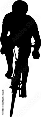Front view silhouette of a professional cyclist riding a racing bicycle isolated on white background