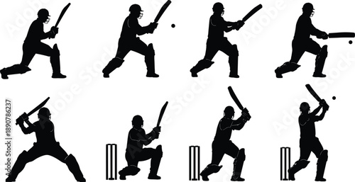 Black, silhouette, collection, of, professional, cricket, players, batting, in, various, poses, isolated, on, white, background, vector, illustration, sports, competition, action.