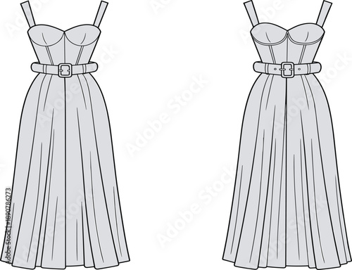 Women's Sleeveless Sweetheart Neckline Maxi Dress with Buckle Belt Mockup, Front and Back View, Apparel Fashion Technical Vector Illustration, Template