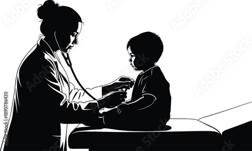 Female pediatrician doctor using stethoscope to check heartbeat of a small child patient in a clinic for medical wellness exam