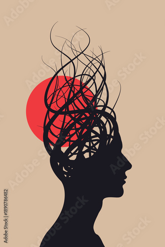 Surreal Mind Silhouette: Wavy Tree Hair & Red Sun on Beige