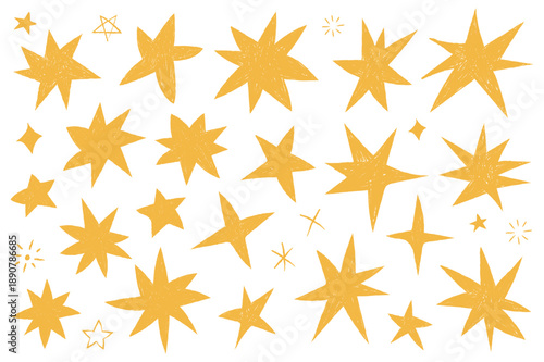 Collection of hand-drawn textured stars with a realistic pencil sketch effect. Minimalist aesthetic doodles for celestial designs, scrapbooking, and trendy social media graphics. 
