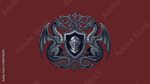 Dragon Crest: Knight's Helmet Shield with Dragons Vector Illustration