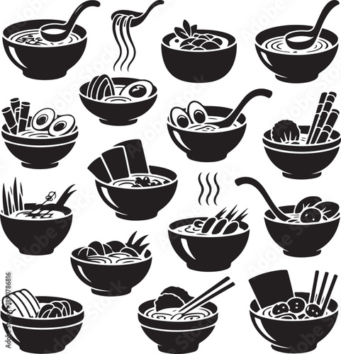 black and white illustrations of various noodle soups in bowls