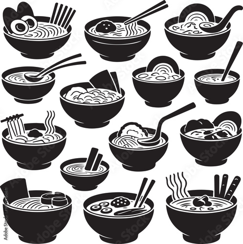 black and white illustrations of various noodle soups in bowls