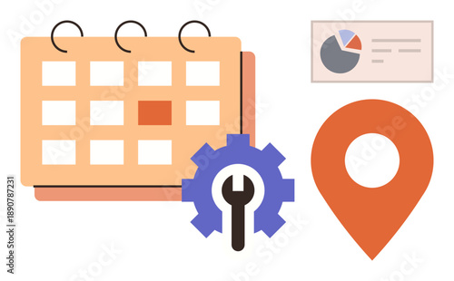 Time management, task scheduling, data analysis, project planning, localization, team productivity. Calendar, gear pin pie chart visuals. Time management and task scheduling theme