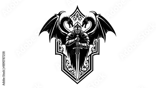 Knight with Sword and Dragon Crest - Black and White Vector Illustration