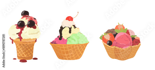 Set of sweet chocolate, strawberry, cherry, pistachio and vanilla cartoon ice cream balls in waffle bowl. Vector hand drawn cold summer dessert illustration isolated on white.