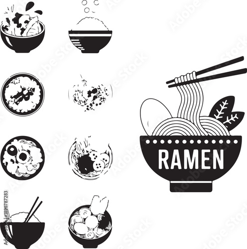 Black and white set of ramen noodle bowls with chopsticks and various ingredients