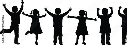 Silhouettes of happy children jumping and playing together, joyful childhood group, diverse boys and girls, isolated white background, celebration, youth.
